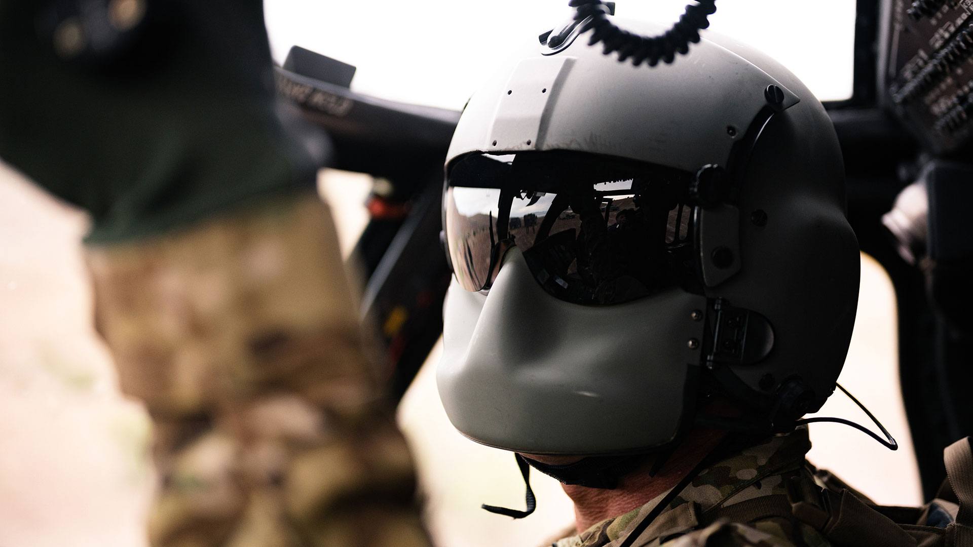 man wearing helmet system