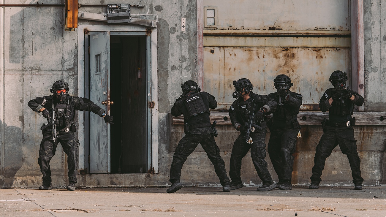 police in defense gear