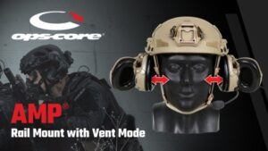 New Ops-Core® AMP® Rail Mount with Vent Mode. Decorative photo of the helmet with rail mount